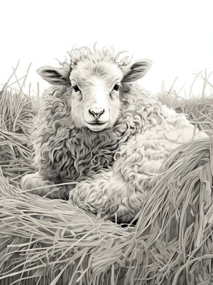 Black & White Illustration Of Highland Sheep In The Straw 2