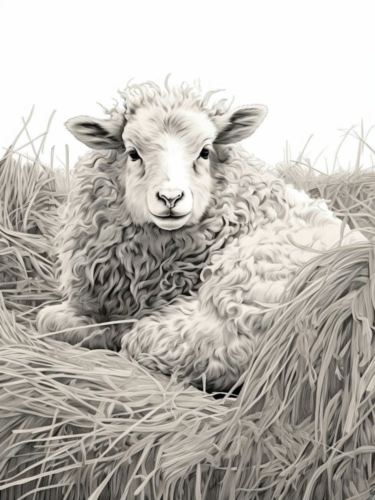 Black & White Illustration Of Highland Sheep In The Straw 2