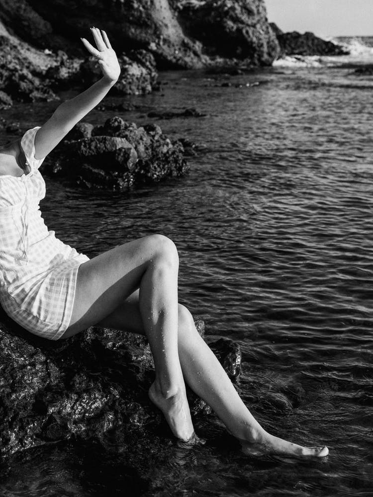 Summer Sunlight - Girl on the Rocks - Black And White Photography
