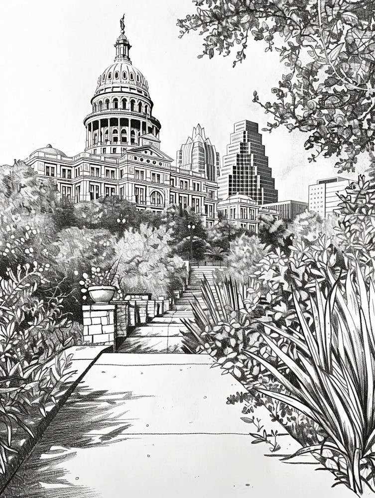The Texas State Capitol Austin Texas Black And White Drawing 2