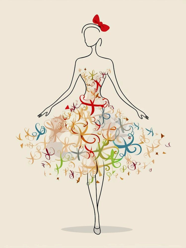 Modern Woman Silhouette with Colorful Dress and Red Bow