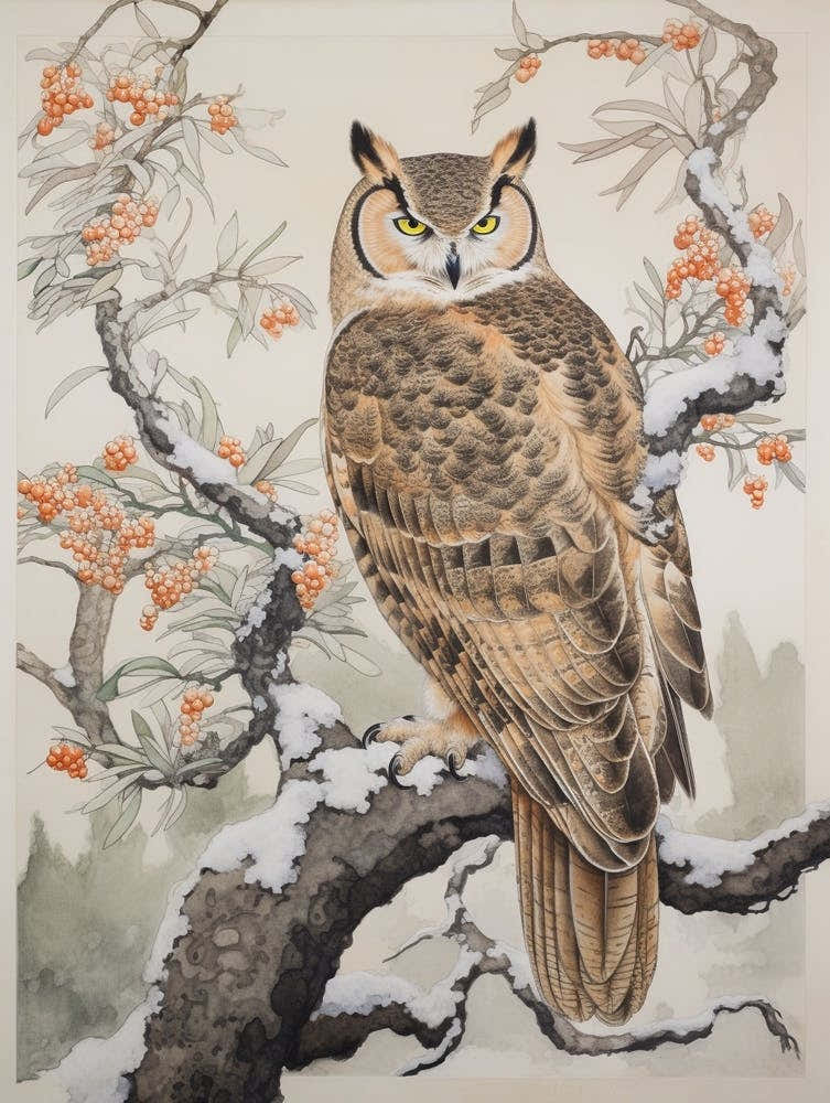 Winter Bird Painting Great Horned Owl 3