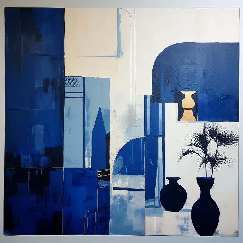 Abstract Minimalist Contemporary - Blue & White With Pots