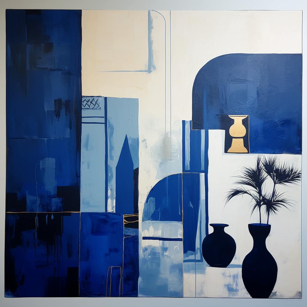 Abstract Minimalist Contemporary - Blue & White With Pots