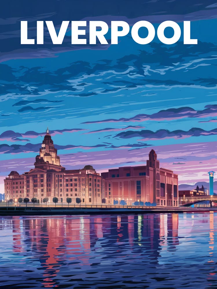 Anime Canvas Art: Vibrant Liverpool Waterfront with the Royal Liver Building and Shimmering Reflections at Dusk, Ideal for Lofi Aesthetic and Urban Fans.