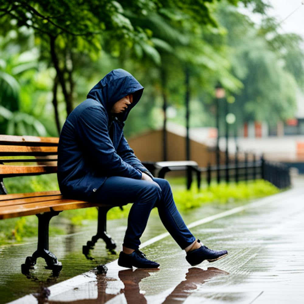 Man Sitting On Bench In Rain looks sad