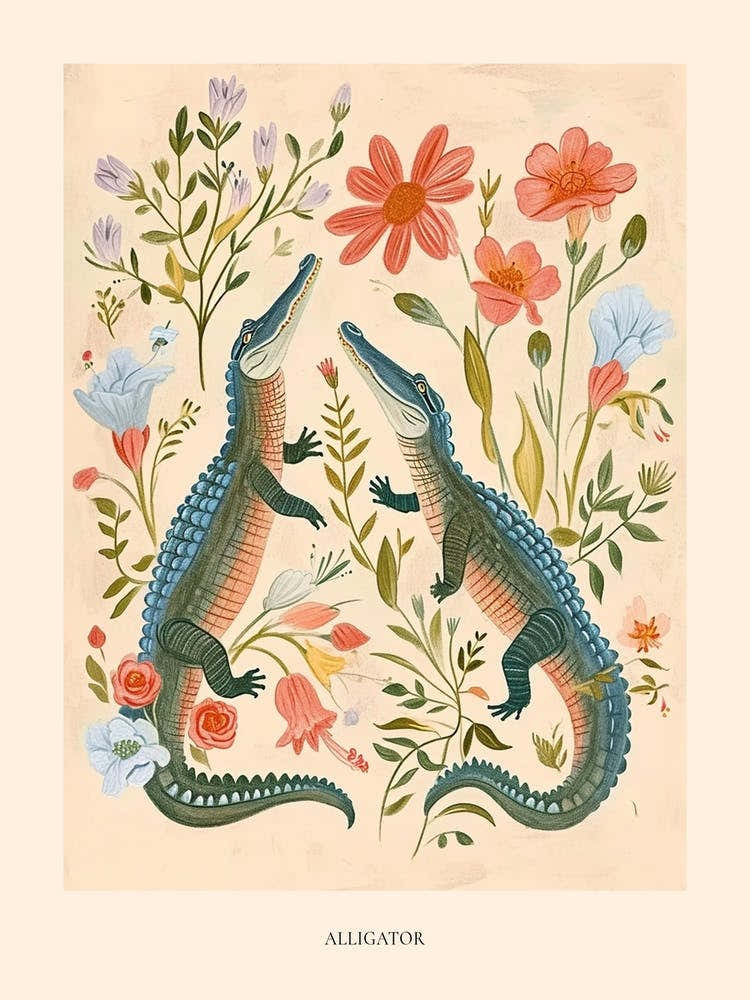 Folksy Floral Animal Drawing Alligator 2 Poster