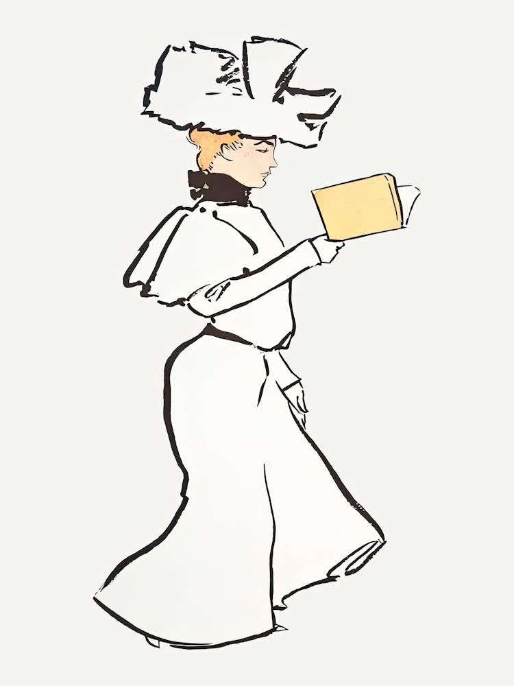 Woman In Vintage Dress Reading A Book, Edward Penfield