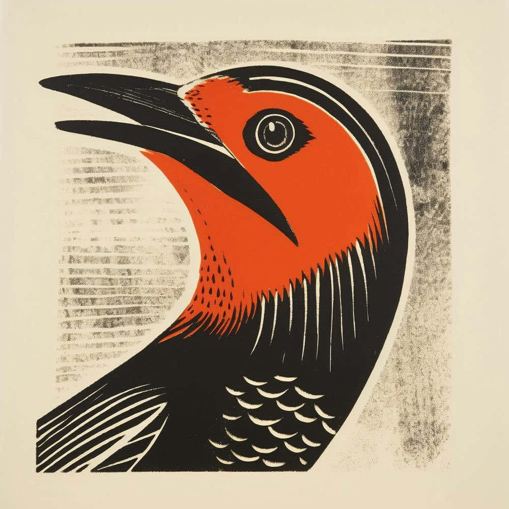 Retro Bird Lithograph Woodpecker 1