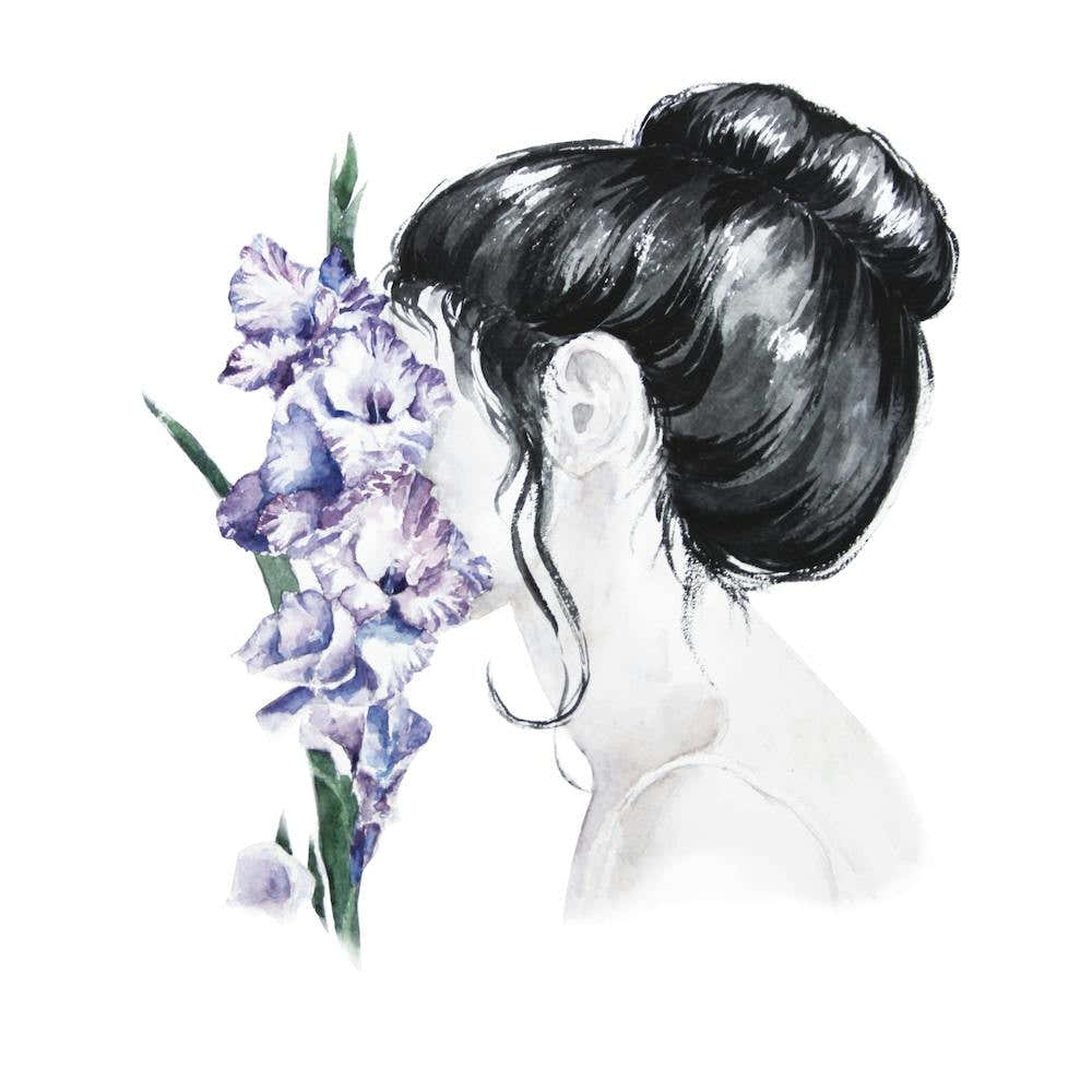 Watercolor Girl With Iris Flowers Square