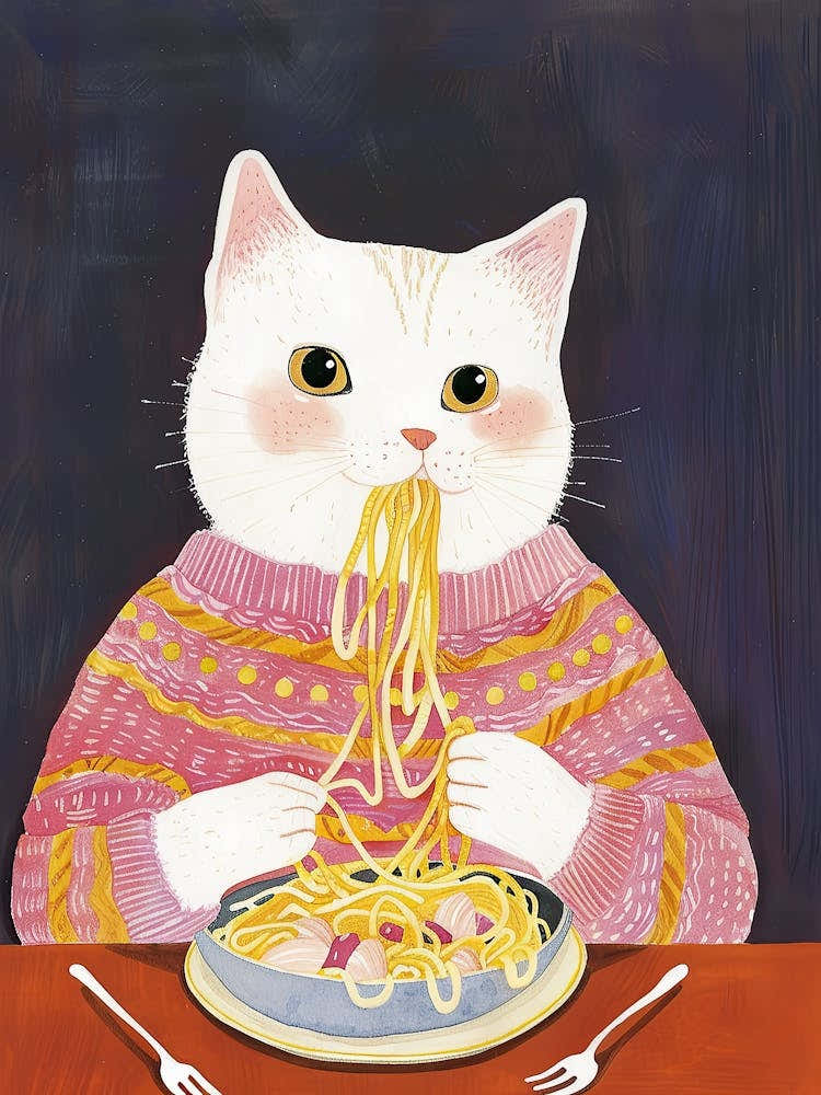 Cute White Cat Pasta Lover Folk Illustration 3