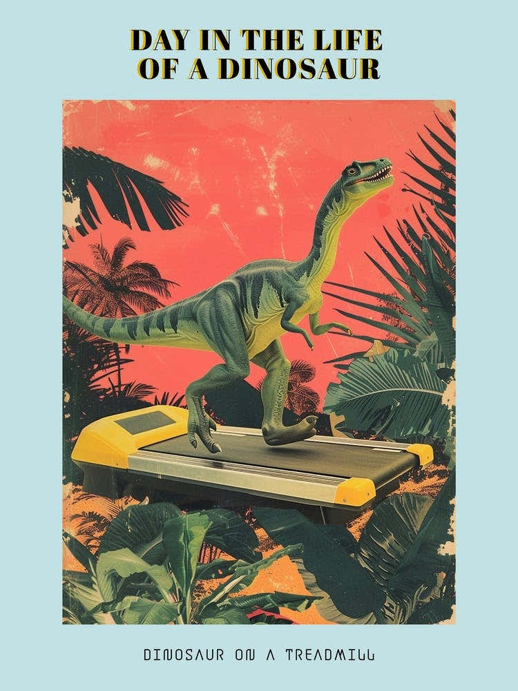 Dinosaur On The Treadmill Retro Collage 1 Poster