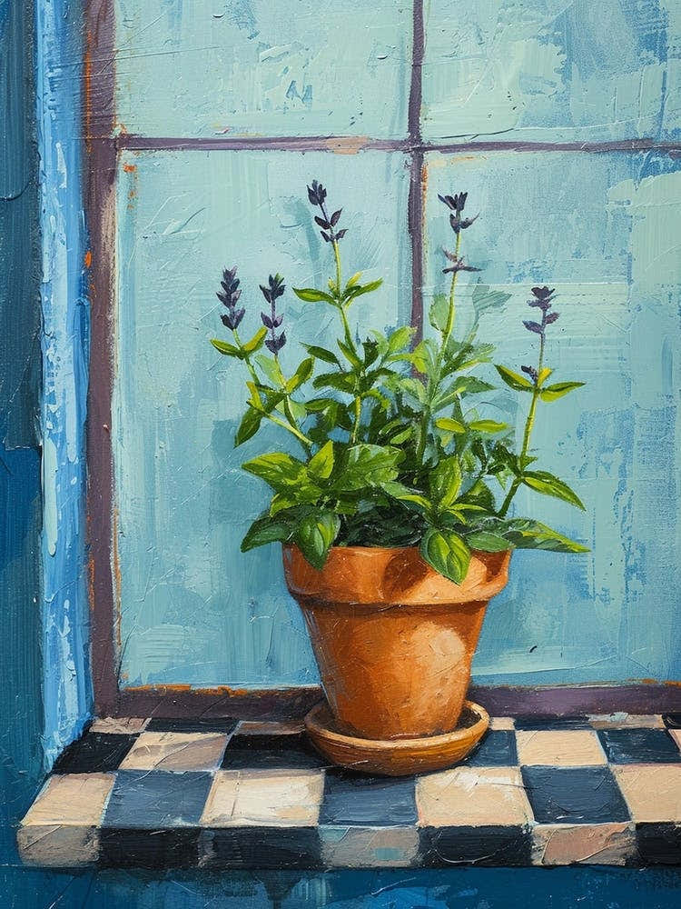Potted Herbs On A Blue Checkered Windowsil 3
