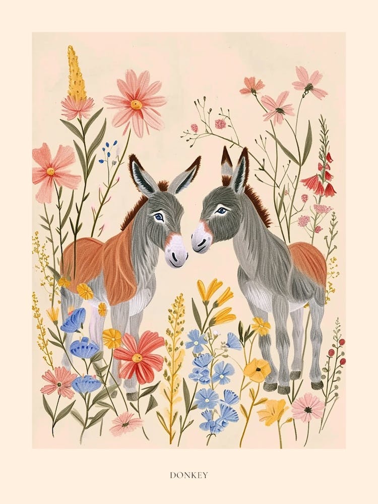 Folksy Floral Animal Drawing Donkey 3 Poster
