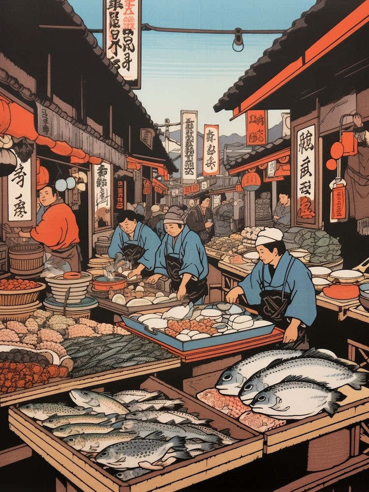 Tsukiji Fish Market, Japan Vintage Travel Art 3