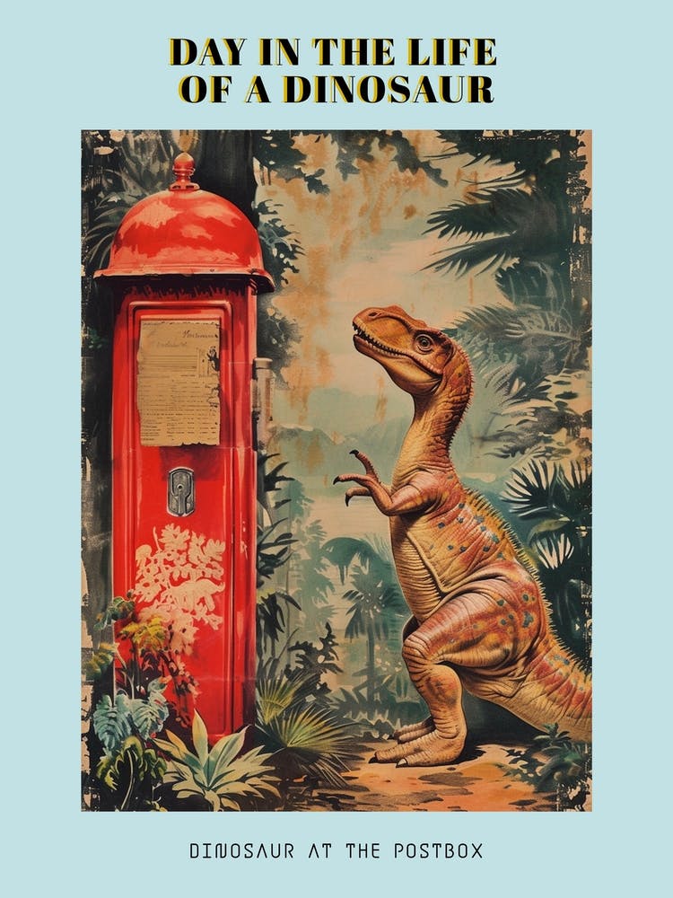 Dinosaur At The Postbox Retro Collage 1 Poster