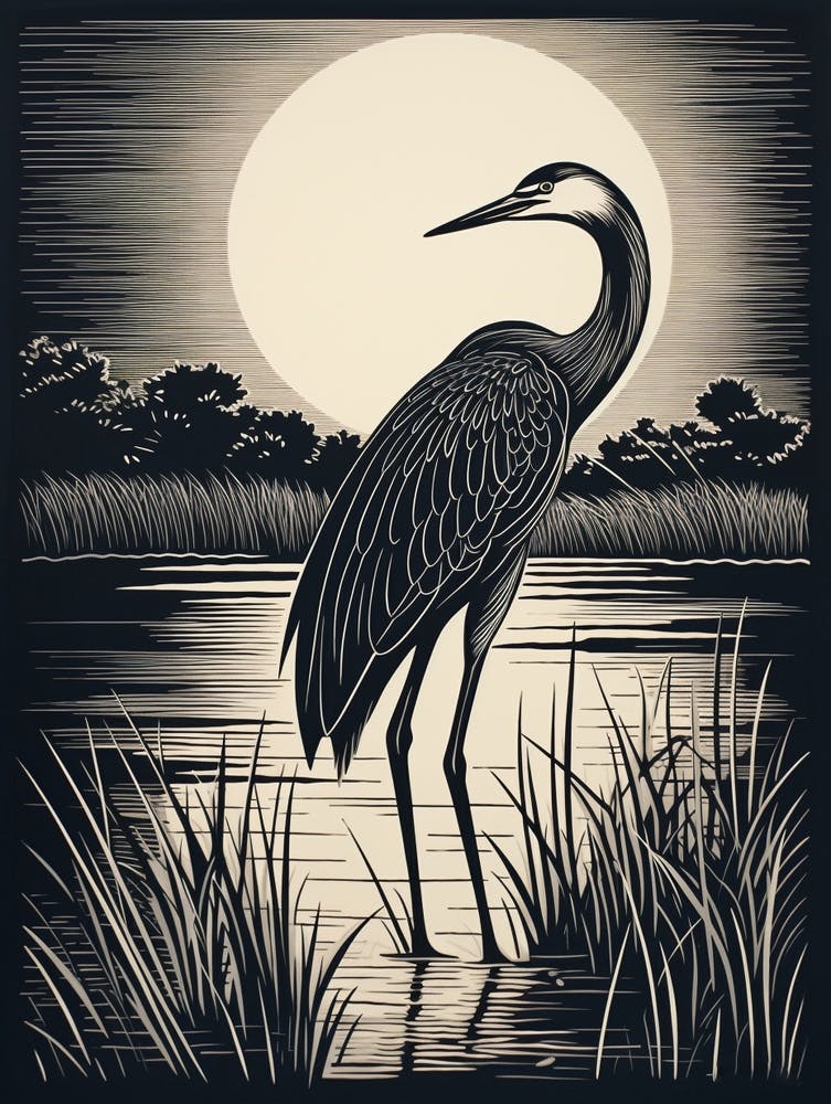 B&W Bird Linocut Great Blue Heron 3