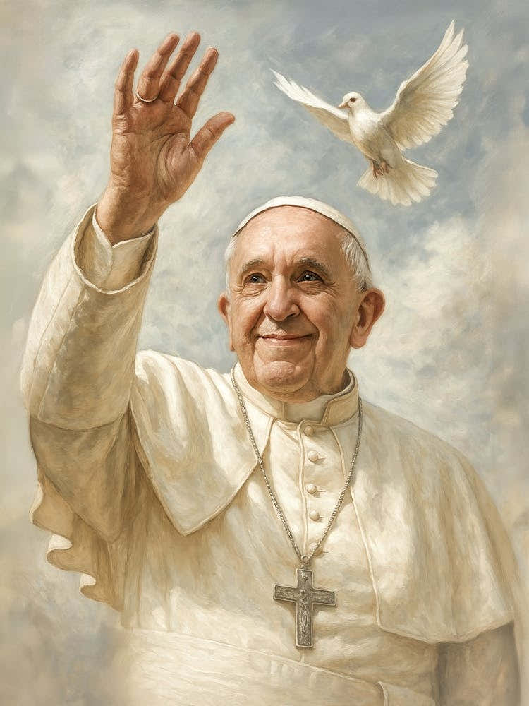 Pope Francis Poster – Vatican Blessing, Faith & Peace Tribute: Pope Francis stands in holy light with his hand raised in blessing – a symbol of faith, peace, and hope. Surrounded by a dove, the church, and echoes of Jesus Christ, this religious poster hon