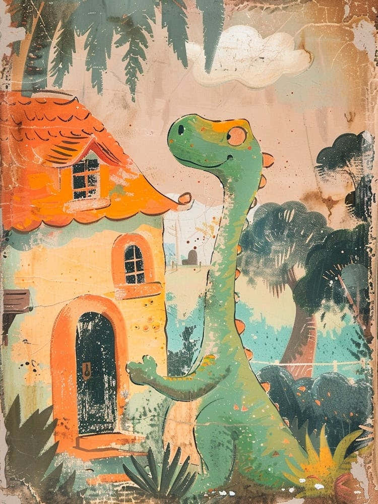 Dinosaur Outside A Home Storybook Painting 2