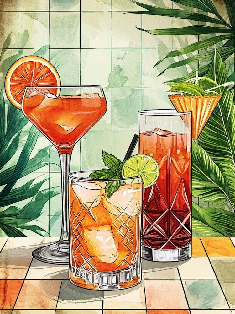 Mai Tai Illustration With Tropical Leaves In The Background