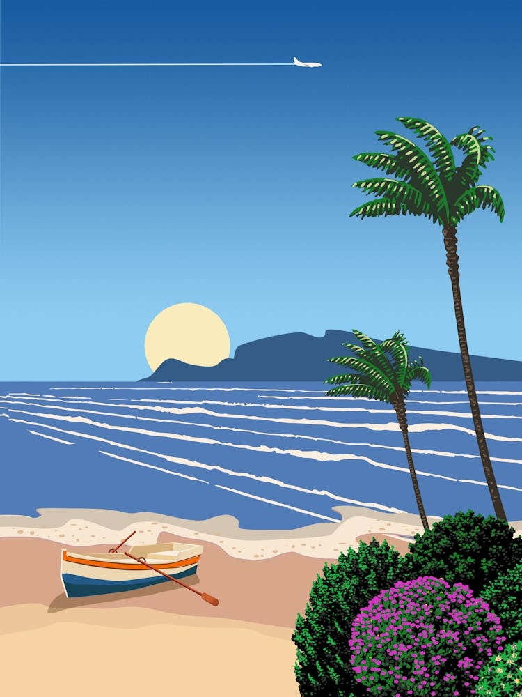 Cyprus. Beach with boat, sunrise — City Pop art, retrowave/vaporwave poster, 80s, aesthetic poster