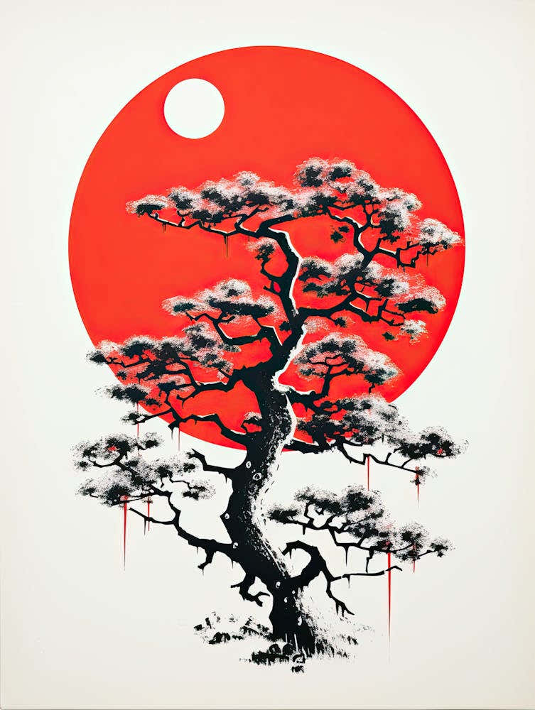 Bonsai Tree and Red Full Moon Vintage