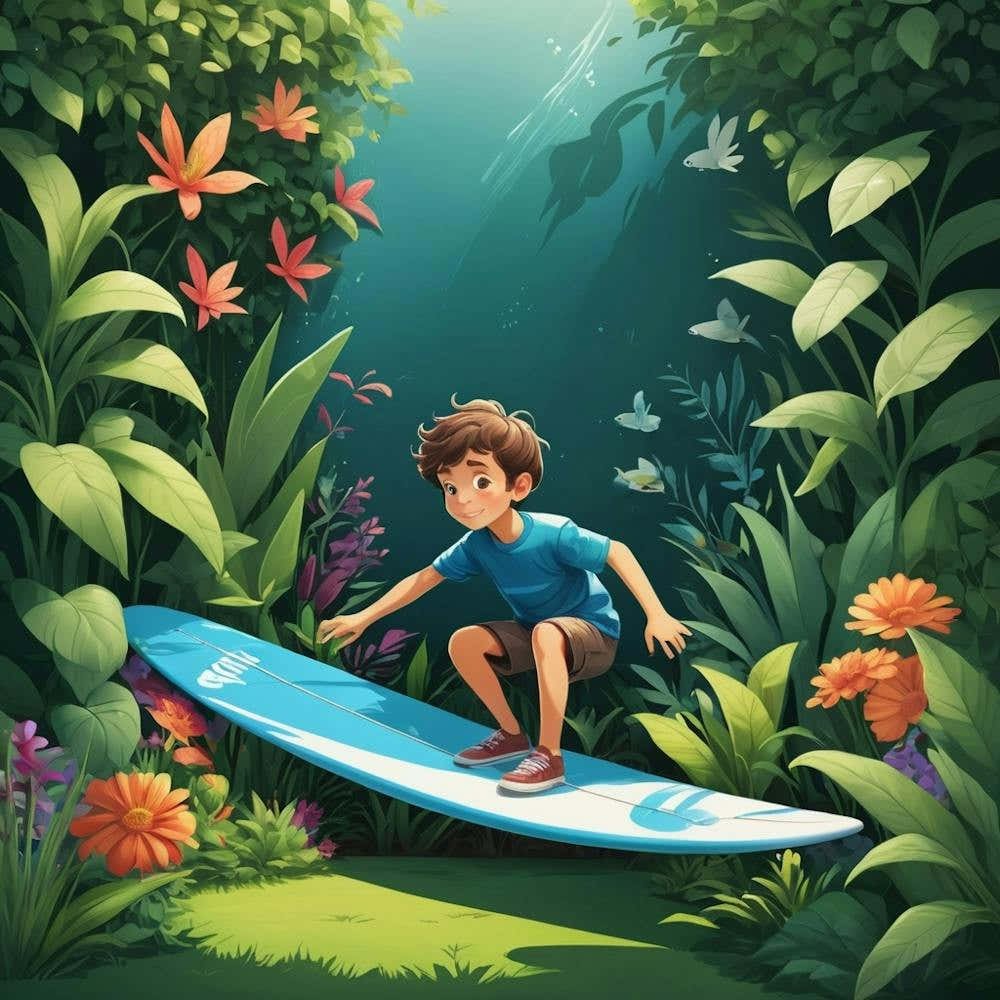 Boy Surfing In The Jungle