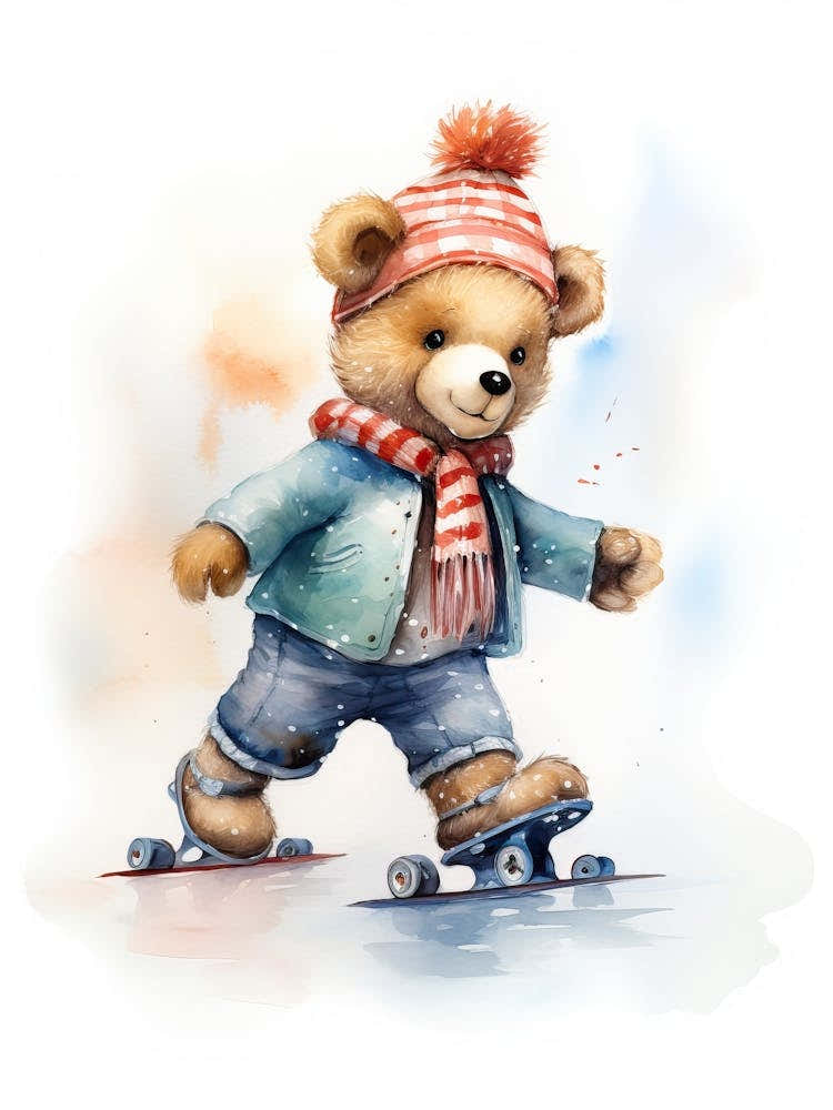 Roller Skating Teddy Bear Painting Watercolour 2