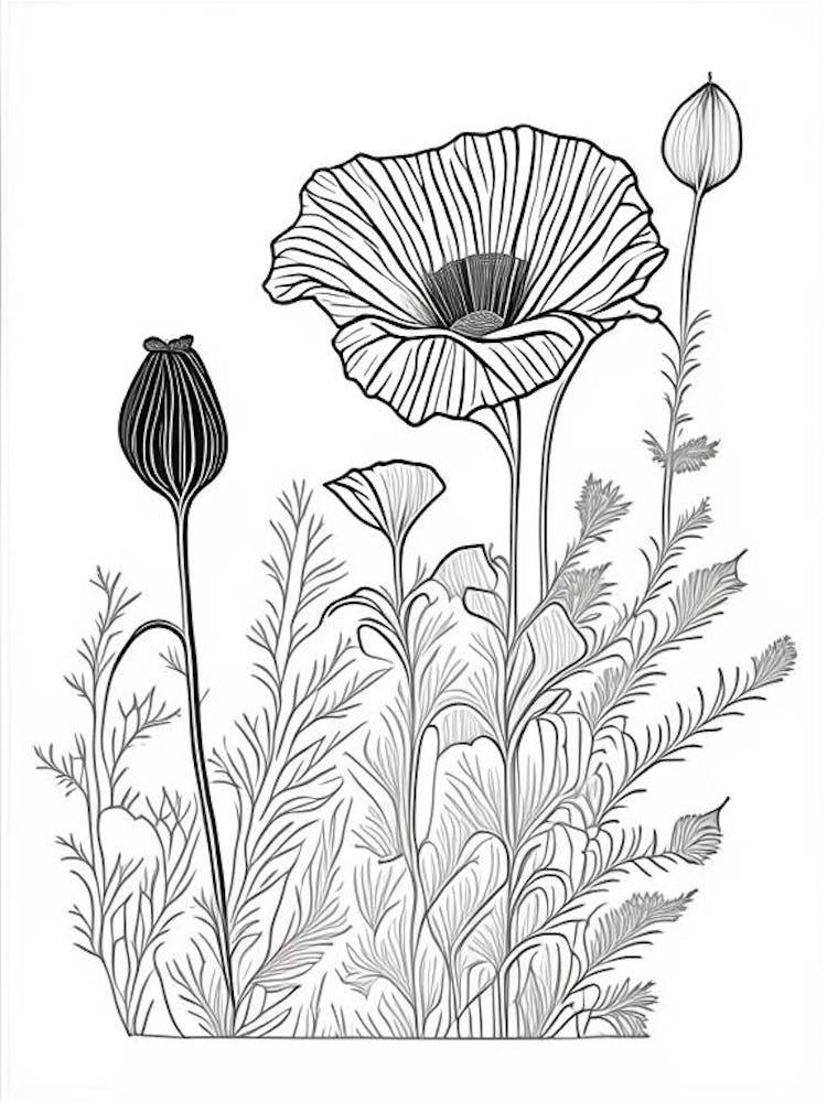 Poppy Herb William Morris Inspired Line Drawing 1