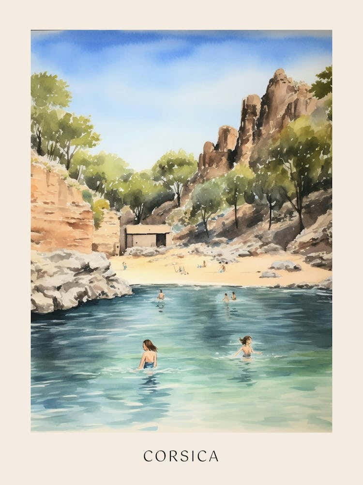 Swimming In Corsica France Watercolour Poster