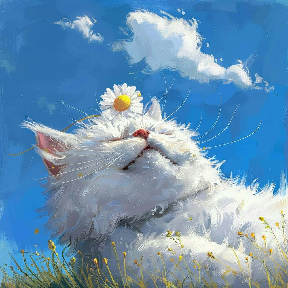 White Cat With Daisy 1