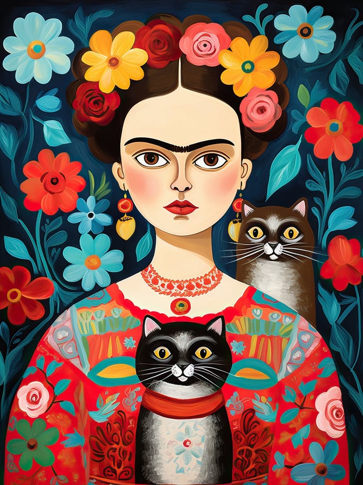 Frida Kahlo Portrait With Cats Mexican Painting Botanical Floral