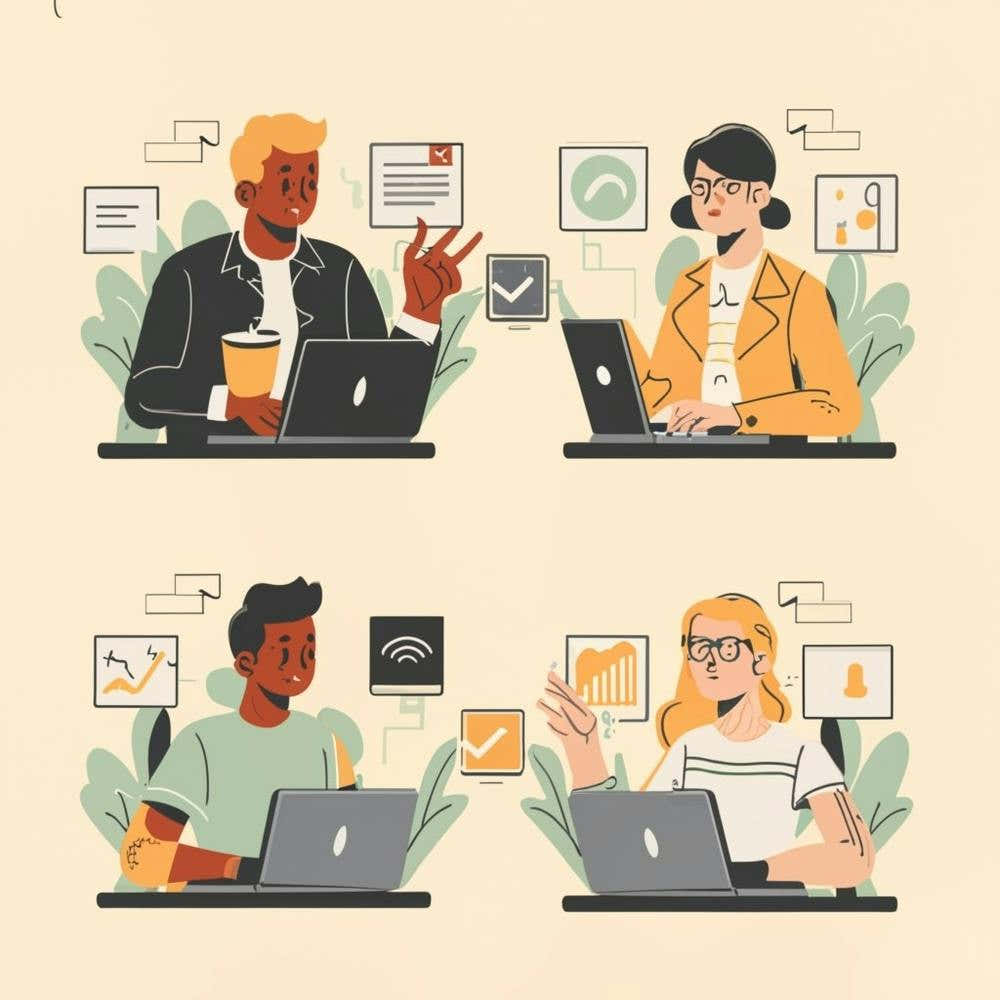 A series of high-quality and authentic images featuring diverse people engaged in remote work or online meetings, highlighting the modern flexibility of work environments. These images are frequently sought after for illustrating the concept of remote wor