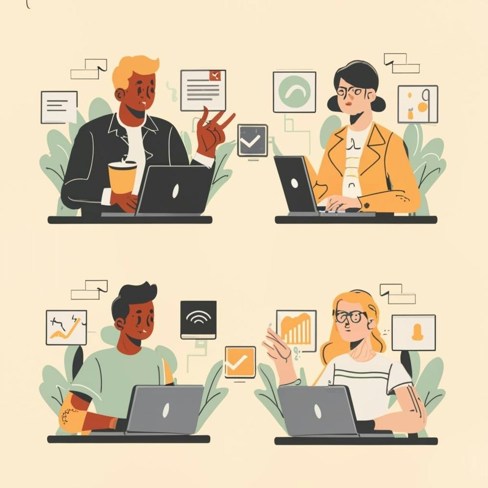 A series of high-quality and authentic images featuring diverse people engaged in remote work or online meetings, highlighting the modern flexibility of work environments. These images are frequently sought after for illustrating the concept of remote work, virtual collaboration, and technology in professional settings.