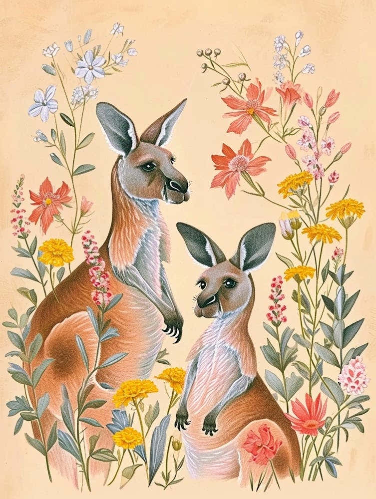 Folksy Floral Animal Drawing Kangaroo 4