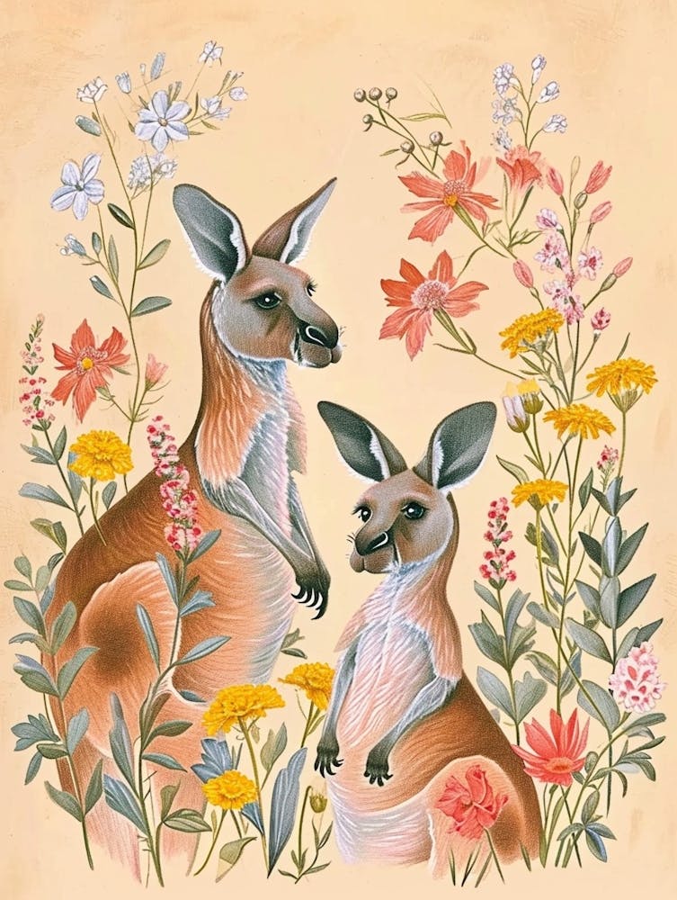 Folksy Floral Animal Drawing Kangaroo 4