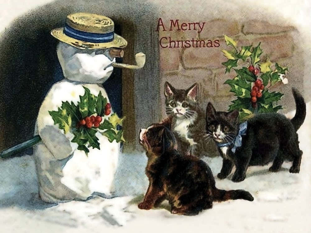 Snowman And Three Freezing Cats