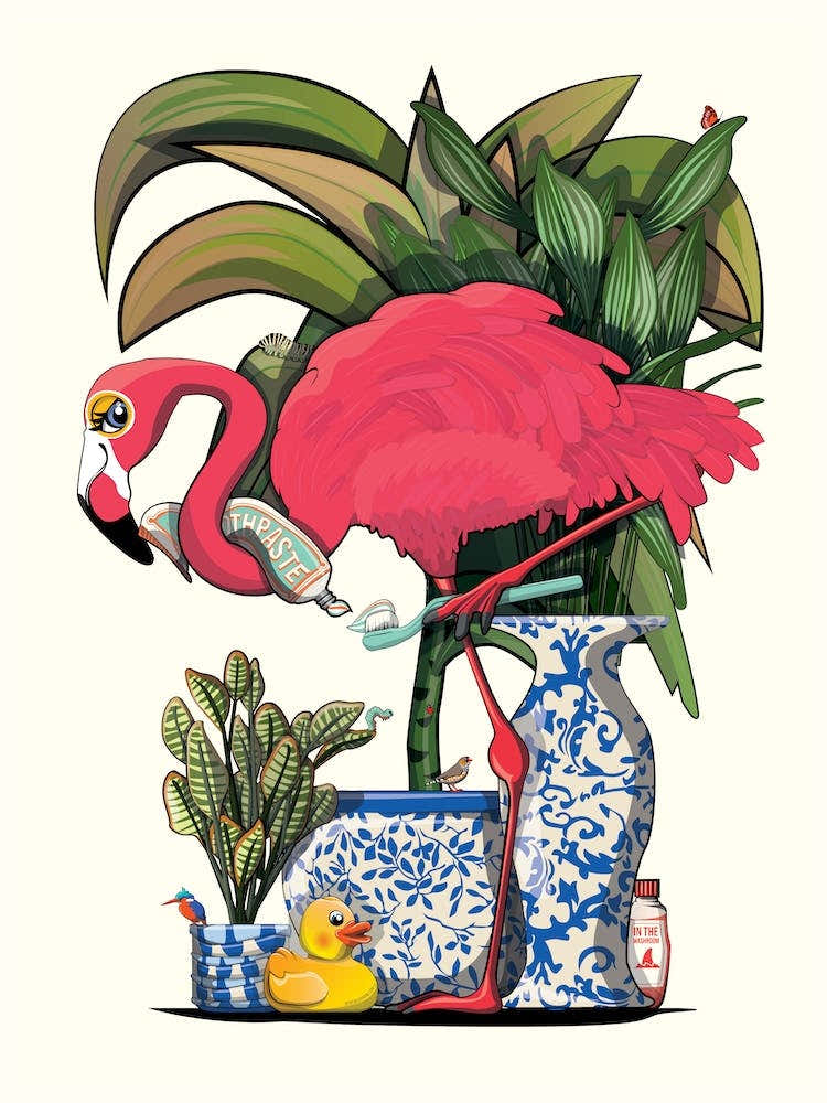 Flamingo Cleaning Teeth in Bathroom
