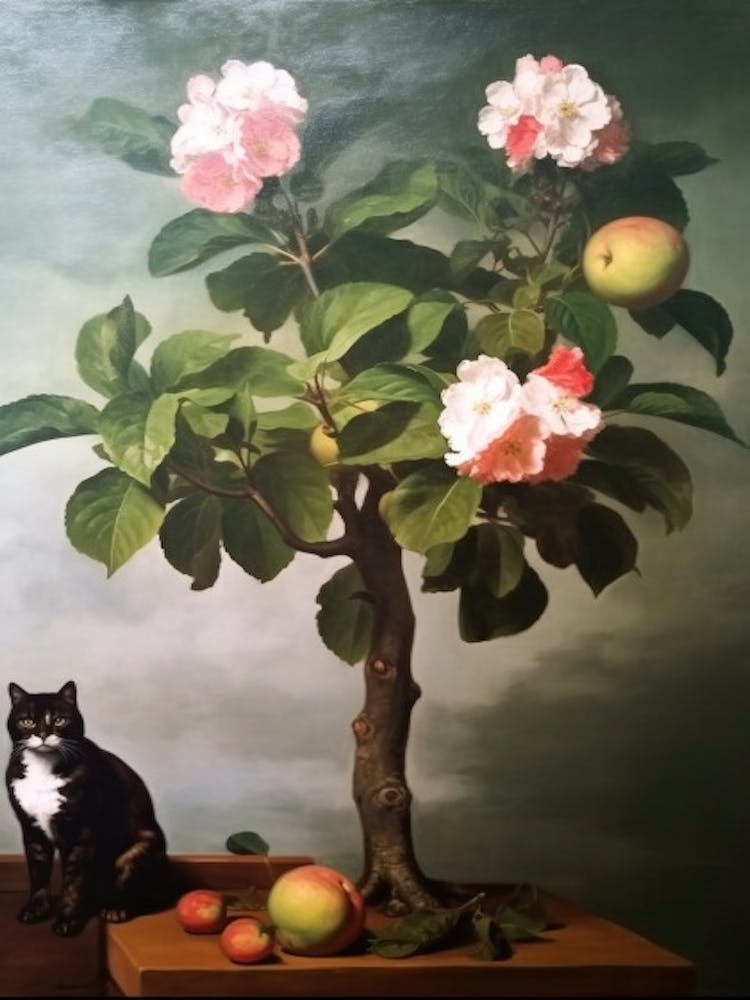 Painting Of A Still Life Of A Apple Blossom With A Cat, Realism 2