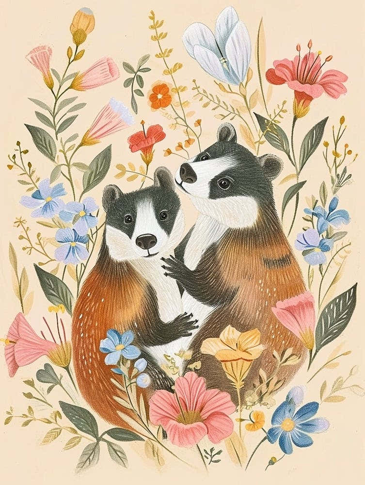 Folksy Floral Animal Drawing Badger 2