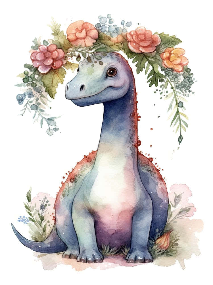 Diplodocus With A Crown Of Flowers Cute Dinosaur Watercolour 1