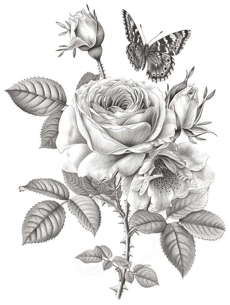 Rose With Butterfly Line Drawing 2