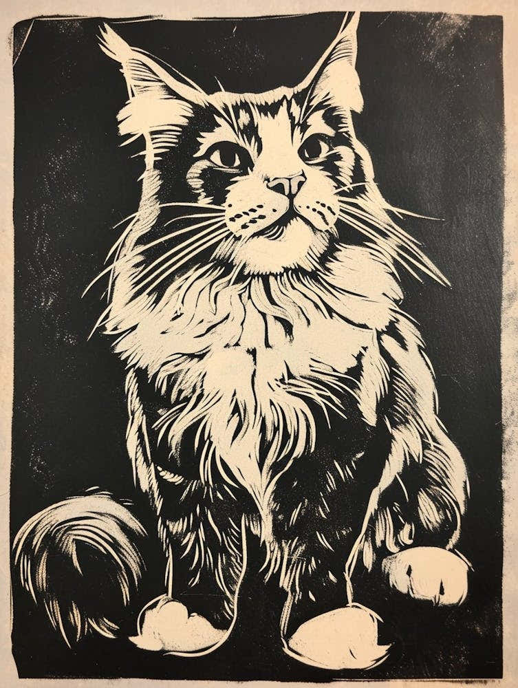 Maine Coon Linocut Blockprint 5