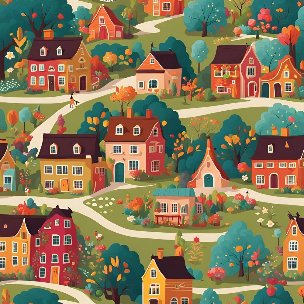 Seamless Pattern With Houses And Trees