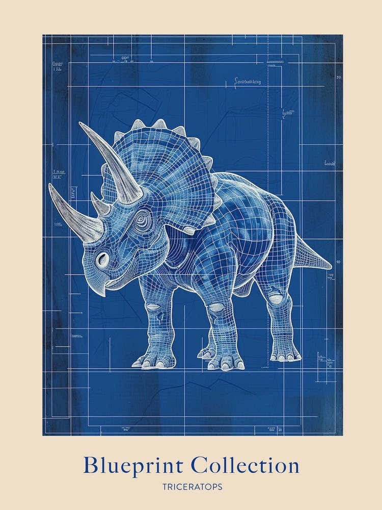 Triceratops Dinosaur Blue Print Sketch 2 Poster