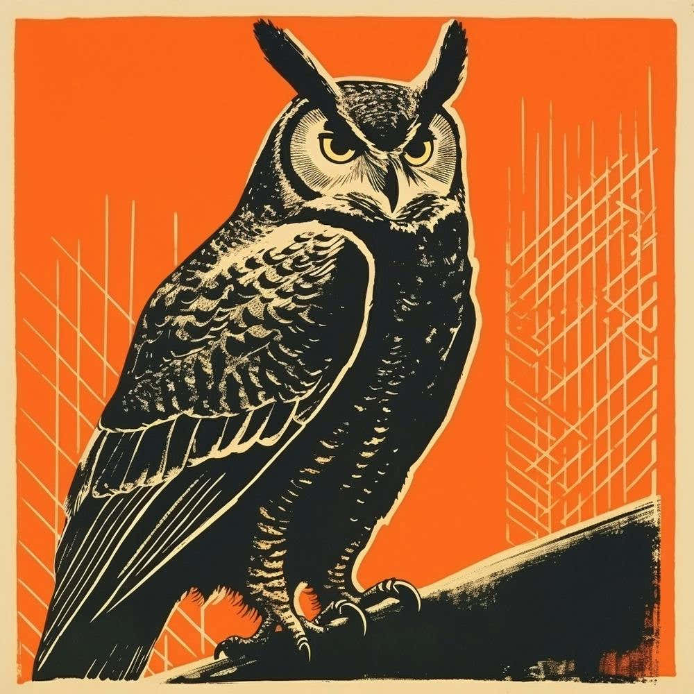 Retro Bird Lithograph Great Horned Owl 1