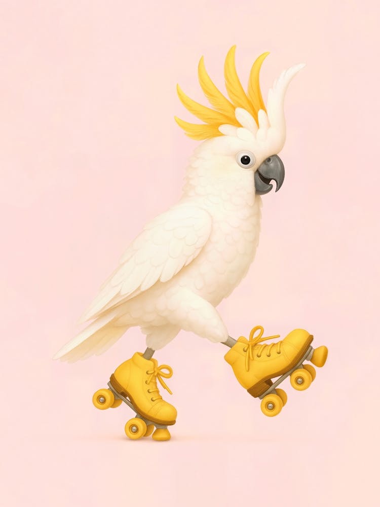 Yellow Cockatoo on Skates – Happy Tropical Bird Poster: A cheerful yellow cockatoo shows off its skater skills in this funny pastel illustration. This exotic parrot brings humor and happiness to any nursery or child’s room – perfect for fans of cute animals and tropical bird art.