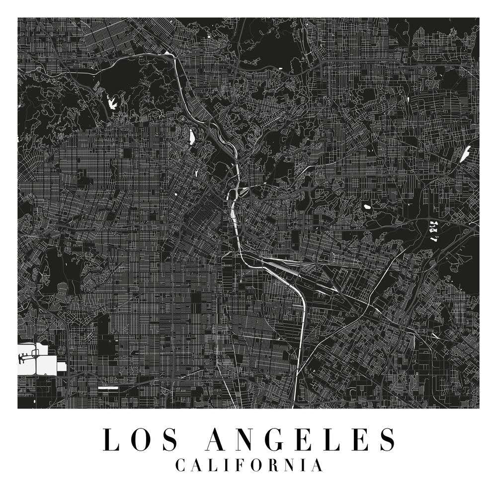 Los Angeles California Minimal Black Mono Street Map  Square