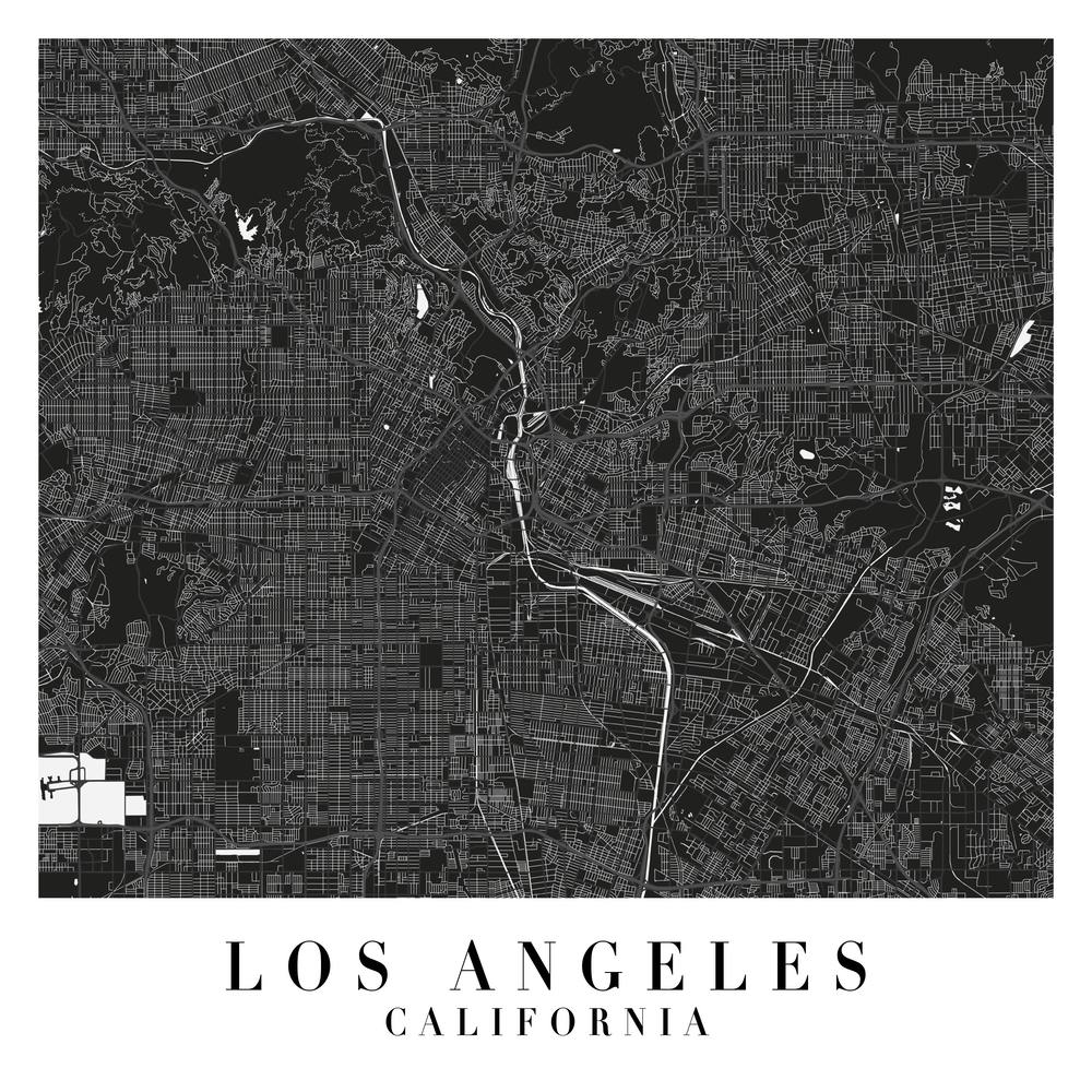 Los Angeles California Minimal Black Mono Street Map  Square