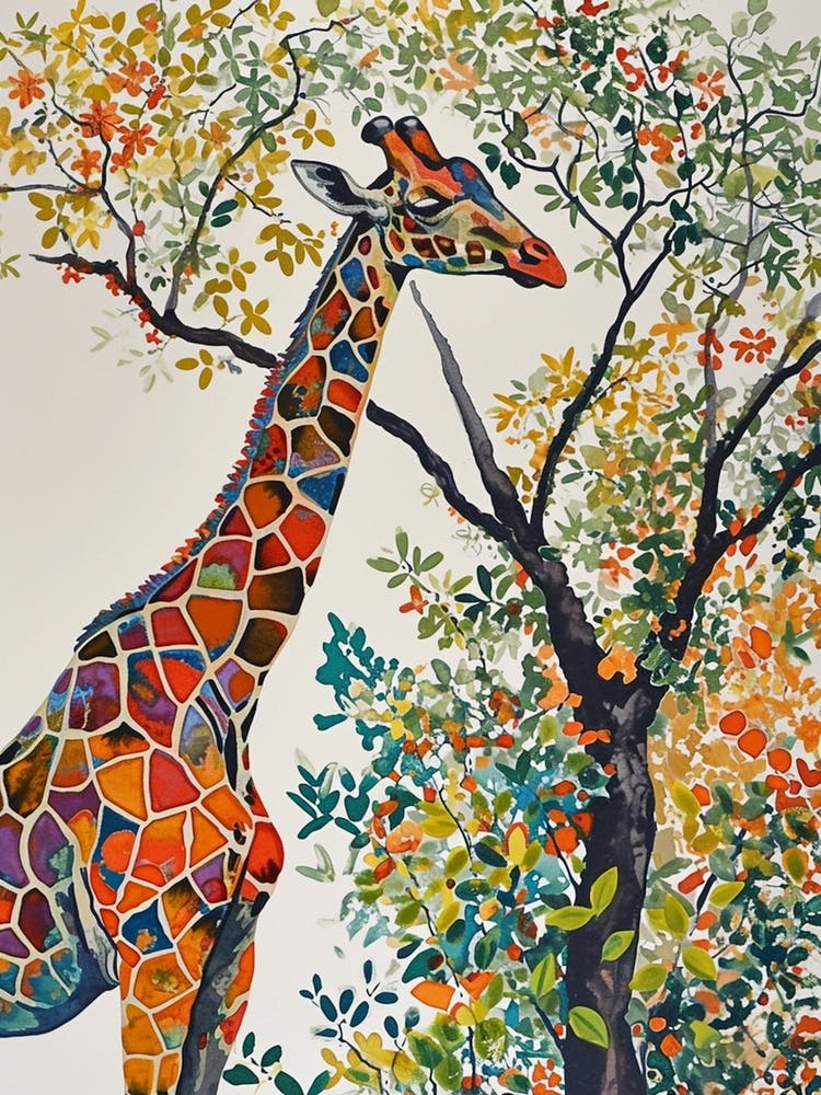 Giraffe Gazing Into The Trees Watercolour Style 4